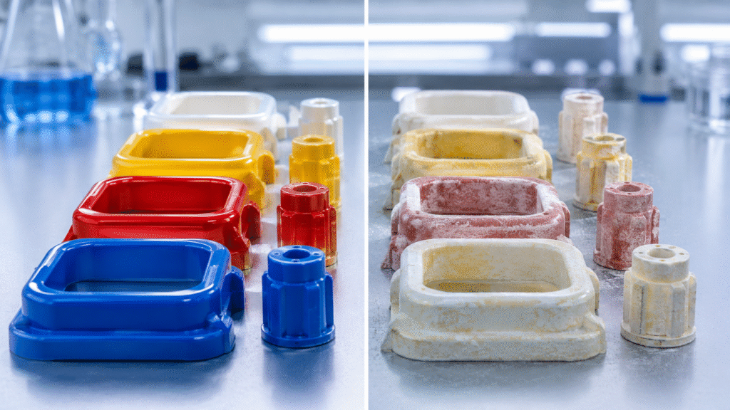 Peças de ABS colorido com e sem proteção UV adequada mostrando degradação em campo